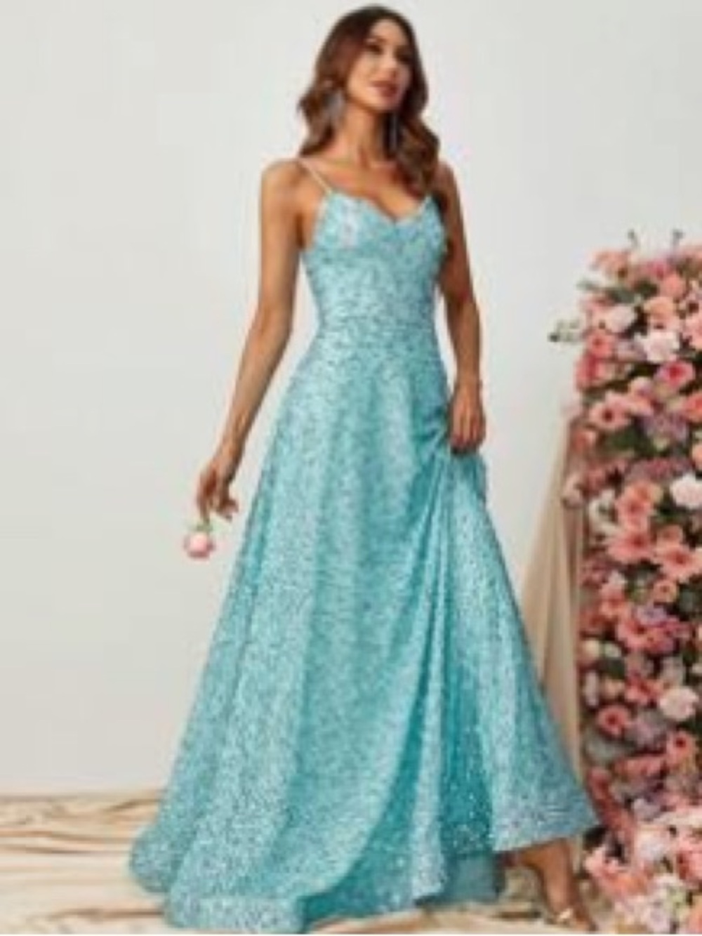 Aqua Sequin Prom Gown with V-Neck